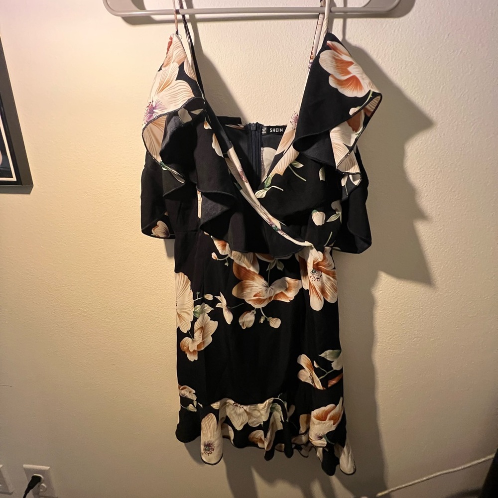 SHEIN Black and Cream Floral Mini Dress
